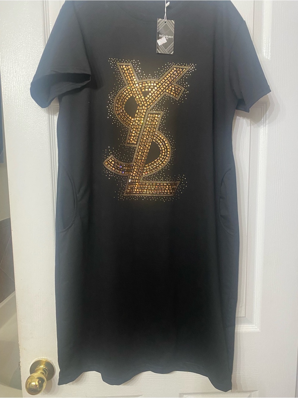Black Short Sleeve Dress with Gold Logo